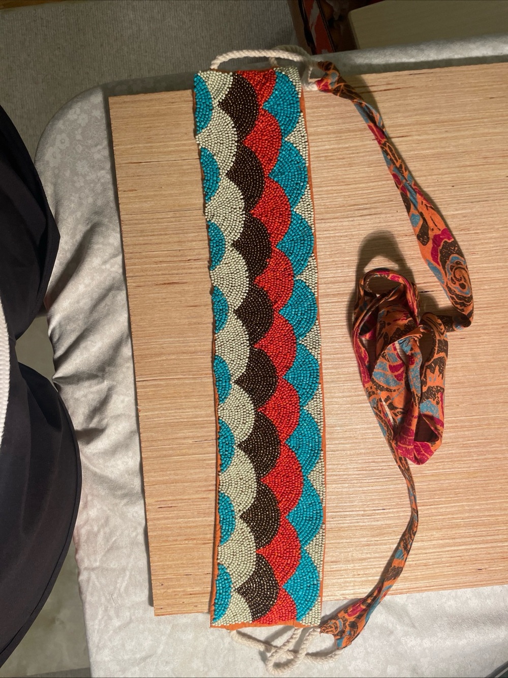 Hand-Beaded Scallop Pattern Waist Belt in Turquoise, Red, Brown, Cream